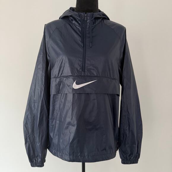 NIKE Swoosh Packable Kangaroo Windbreaker Jacket Navy Blue Size Large - Picture 1 of 13